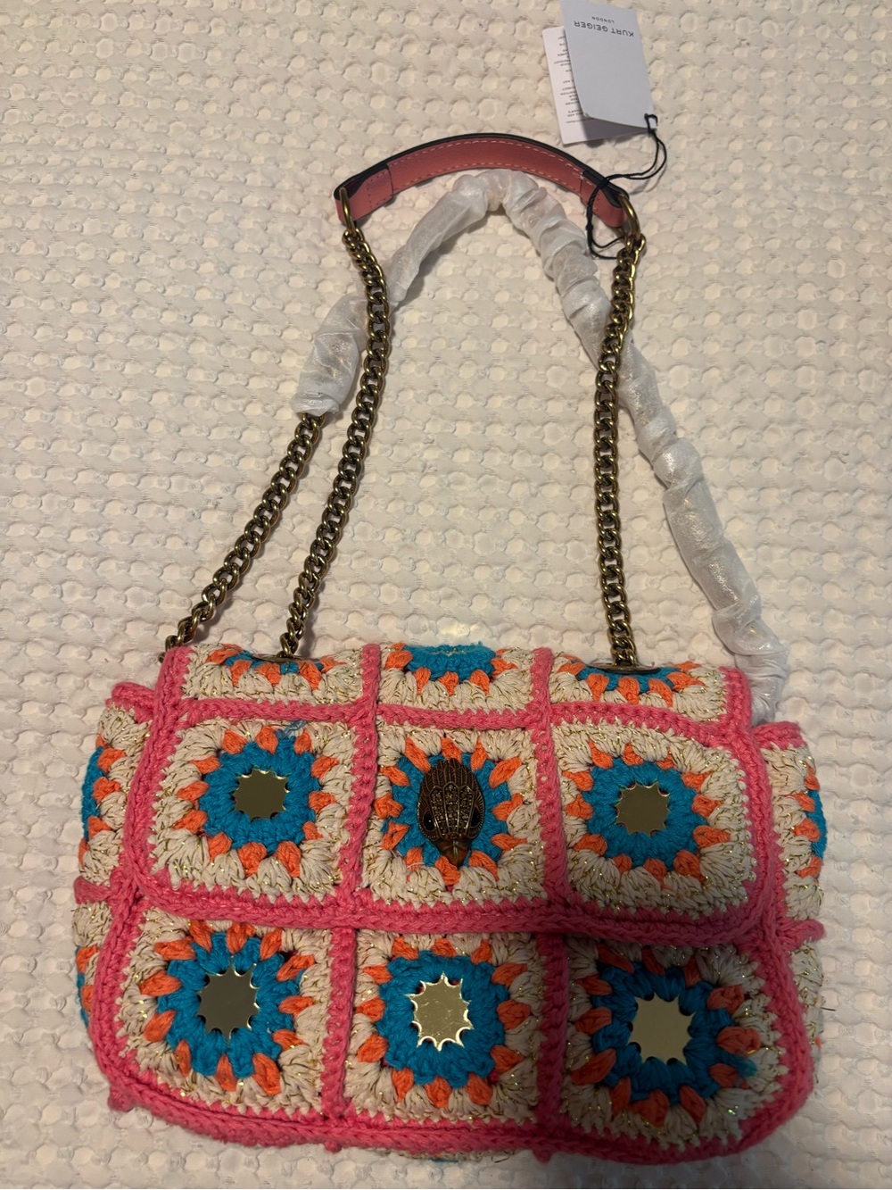 Kurt Geiger Pink, Blue and Orange Crochet Patch Chain Shoulder Bag